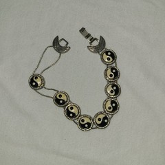 Vintage Mexican Alpaca Silver Yin Yang Link Braclet Black White Enamel Inlay Boh