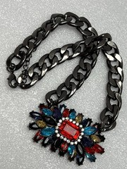 Vintage Gun Metal Thick Chain Multicolor Acrylic Rhinestone Pendant Necklace 18”