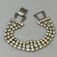 VTG Clear Rhinestone Bracelet Silver Tone Three Rows Fold Over Clasp WEAR 7″