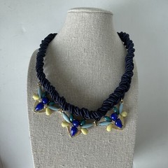 Bee Blue Necklace BRAIDED KNOTTED ROPE 18″ Blue Rhinestone Charm Jewel Bug