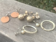 Vtg Screw Back Earring Lot-3 Red Copper Dangles Gennie Bottle Faux Pearl Hoops