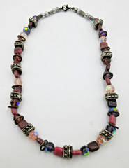 VTG UNUSUAL 20″ HEAVY BEAD necklace pink purple shade gray silver tone metal