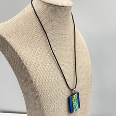 Vintage Dichroic Fused Glass Pendant Necklace Iridescent Blue Green Black Cord