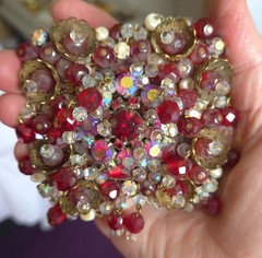 Vintage J Carl NY Original Brooch Hand Wired Red Aurora Borealis Clip Earrings