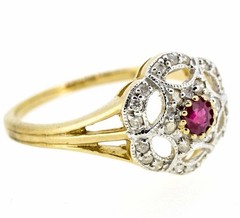 14t Yellow Gold Finish Antique Style Ruby and Lab Created Diamond Cluster Ring