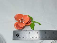 Vintage Peach Pink and Green Enamel Metal 3.5″ Flower Brooch Pin