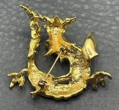 GORGEOUS Black Enamel Chinese Dragon Green Rhinestone Unsigned Gold Tone Brooch