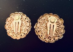 Vintage Miriam Haskell Brass Filigree Faux Pearl Clip On Earrings Mid Century