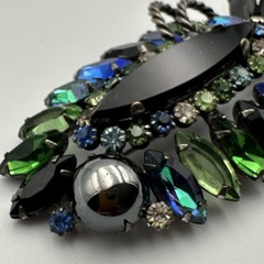 Vintage Rhinestone Brooch Blue Green Black Navette Cabochon Layered Statement