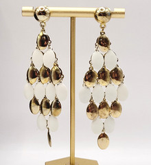 White & Gold Tone Metal Chandelier Cascade Dangle Vintage Earrings Ballroom