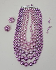 Vintage Lilac Imitation Glass Pearl Necklace & Earring set, 5 Strands