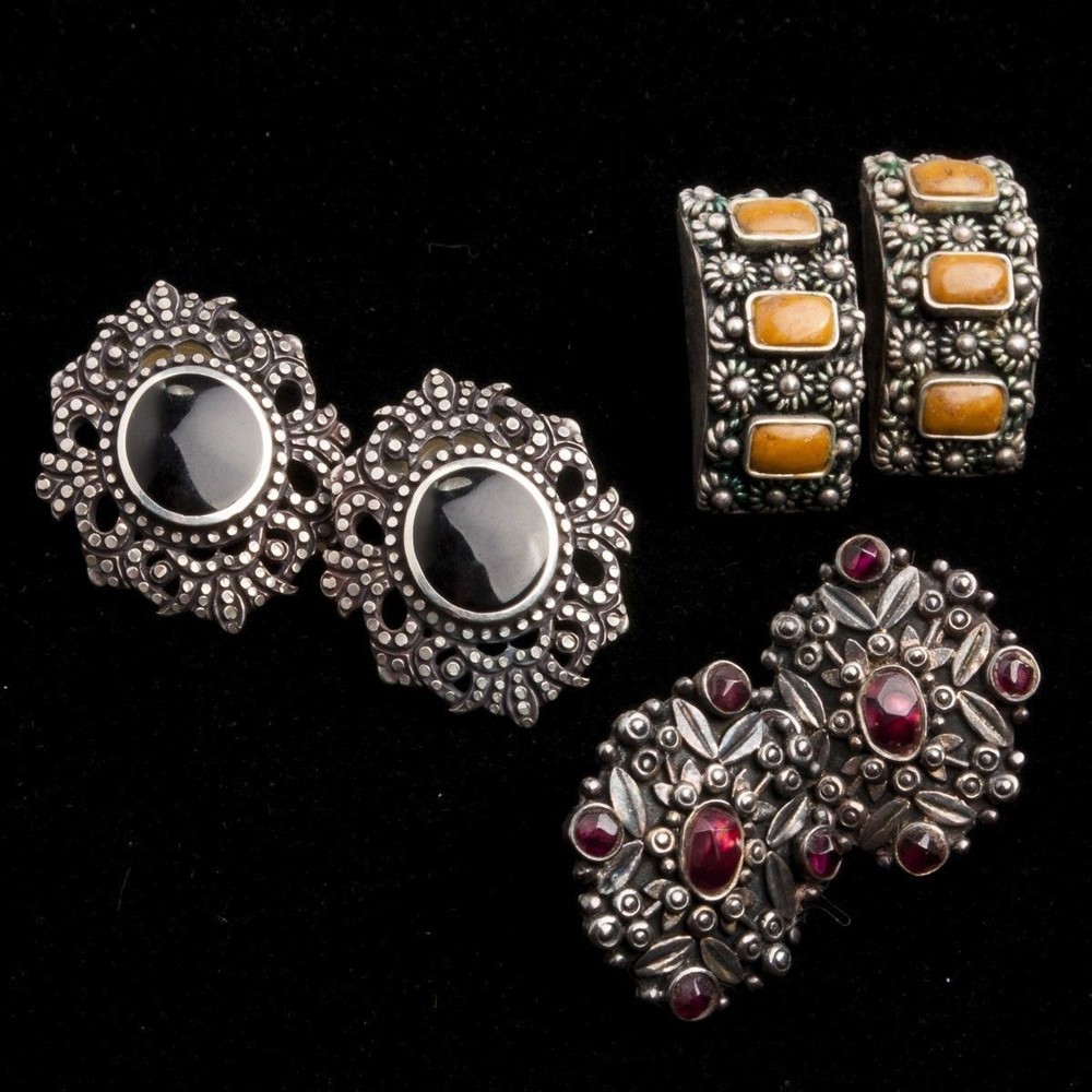 3 Pairs Vintage Sterling Silver & Gemstone Earrings for Pierced Ears Post Back