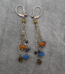 Vintage Sterling Silver Earrings Pink Blue Brown Gemstones 2.5 in Tassels 83f