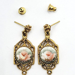 Art Deco Hand Painted Signed Rose Gold Tone Victorian Frame MCM Pierced Earrings