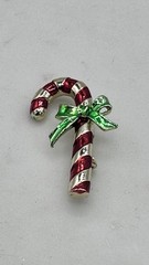 Vintage Gerry’s Candy Cane Brooch Pin Red White Enamel Green Bow Rhinestone
