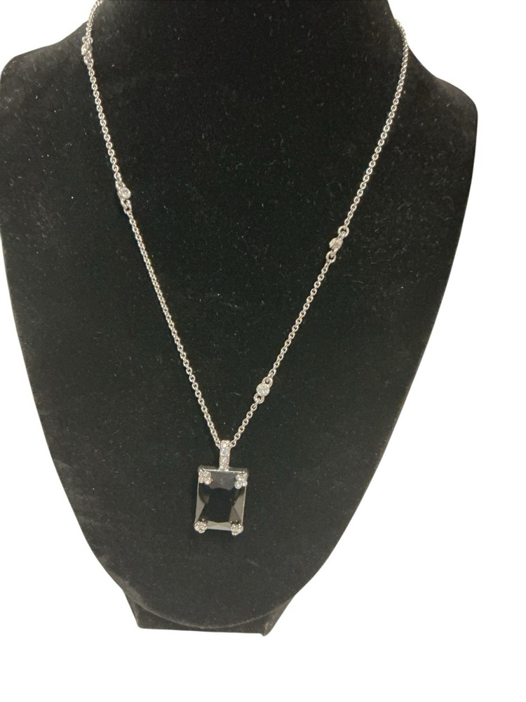 Vtg Carol Lee Black Onyx Bezel Set Pendant Chain Stations W/crystals SS