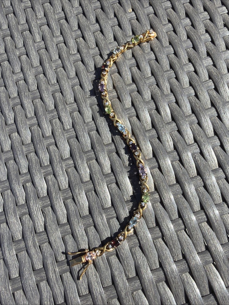 Sterling Silver Multi Stone Bracelet 925 Gold Tone 7.5” 11.8g Vintage