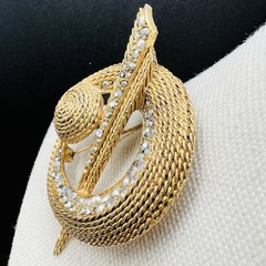 Florenza Vintage Gold Tone Rhinestone Orbit Swirl Brooch Textured 3” Modernist