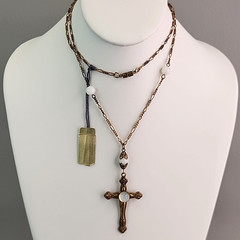 Vintage Cross Necklace Carole Opalite Antiqued Gold Tone 28″