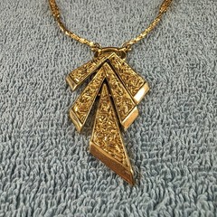 Vintage Crown Trifari Necklace Modernist Pendant Gold Tone, 23 Inches, Signed