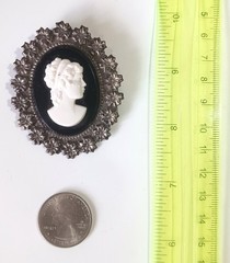 Vintage Celluloid Black, White & Silver Floral Cameo Portrait Brooch