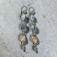 VINTAGE FACETED MOONSTONE RUTILATED & CLEAR QUARTZ LONG DROP DANGLE EARRINGS
