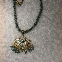 Vintage Indian Style, Gold, Toned Pendant necklace, Twisted Teal Silk Dori Cord