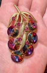 Vintage Watermelon Rivoli Rhinestone Leaf Brooch Gold Tone Pink Aurora Borealis