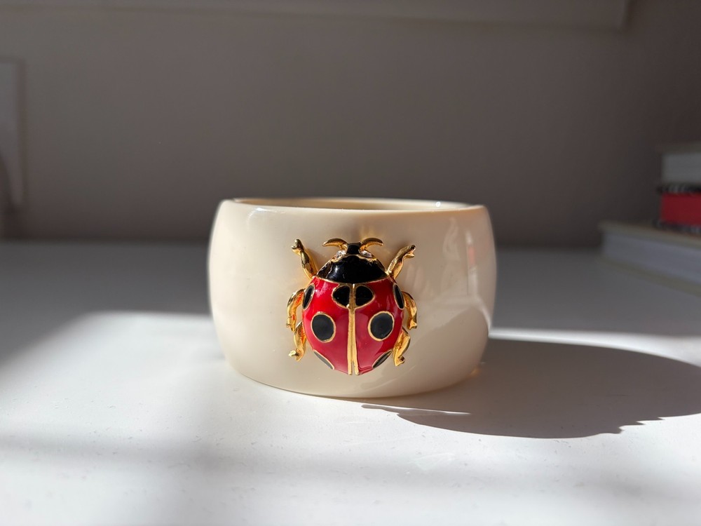 KJL KENNETH J LANE Bone Lucite Enamel Rhinestone Ladybug Clamper Bracelet