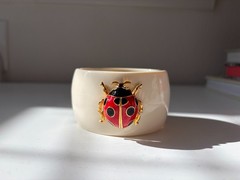 KJL KENNETH J LANE Bone Lucite Enamel Rhinestone Ladybug Clamper Bracelet