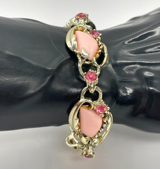 VTG Lipstick Pink thermoset Lucite Rhinestone Gold-tone 5-link bracelet MCM