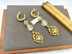 Vintage Gold Filigree Earrings Rhinestones Crystal & Glass Ro-Do Dangles 90s NOS