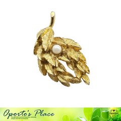 Vintage Goldtone Metal Leaf Brooch Pin Dimensional With Faux Pearl Unsigned