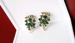 Vintage Green Peacock Blue Aurora Borealis AB Glass CLIP Earrings Feather Leaf