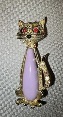CAT Brooch Pin, Vintage Mod Costume Rhinestone Pink Jelly Belly Aurora Borealis