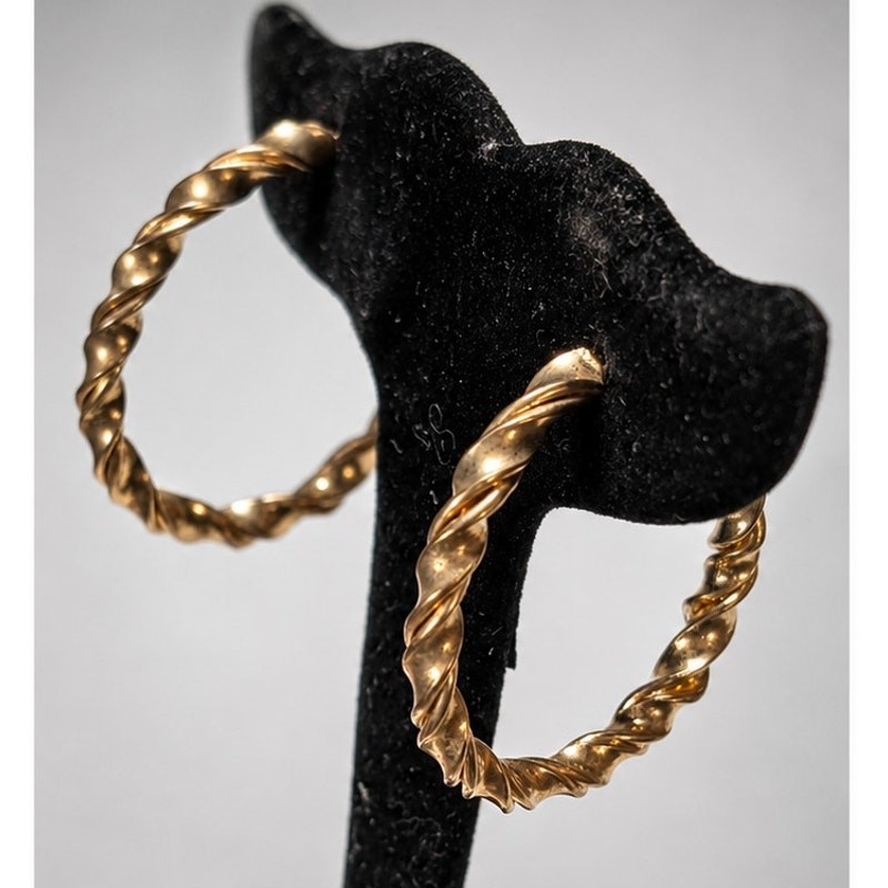 Vintage Hoop Pierced Earrings Ridged Gold-tone 1.5″ Self-closing Large gp-1