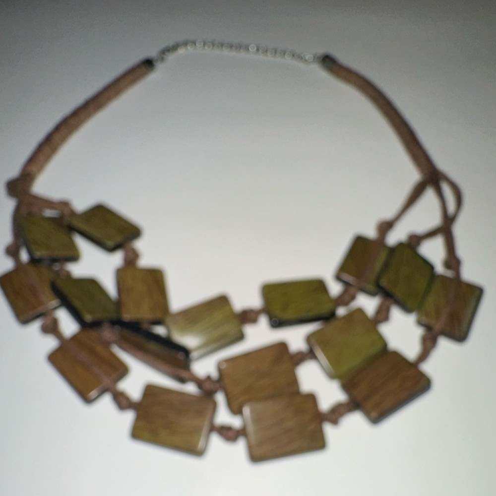 Vintage Boho Exotic Wood Statement Necklace Multi-Strand Chunky Green Brown Bib