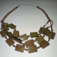 Vintage Boho Exotic Wood Statement Necklace Multi-Strand Chunky Green Brown Bib