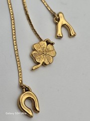 Vintage Monet Lariat Necklace Gold Tone Cream Enamel Good Luck Charms Heart