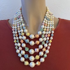 Hong Kong 5 Strand Necklace & Earrings Pastel Yellow Green Peach Blue Pink White
