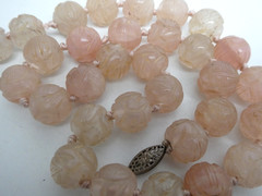 Vintage Chinese Rose Quartz Carved Round 14mm Shou Bead Knotted Necklace 19″