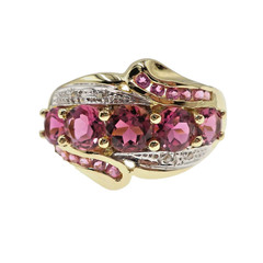 14k Solid Yellow Gold Natural Pink Tourmaline and Diamond Band Ring Size 7.75