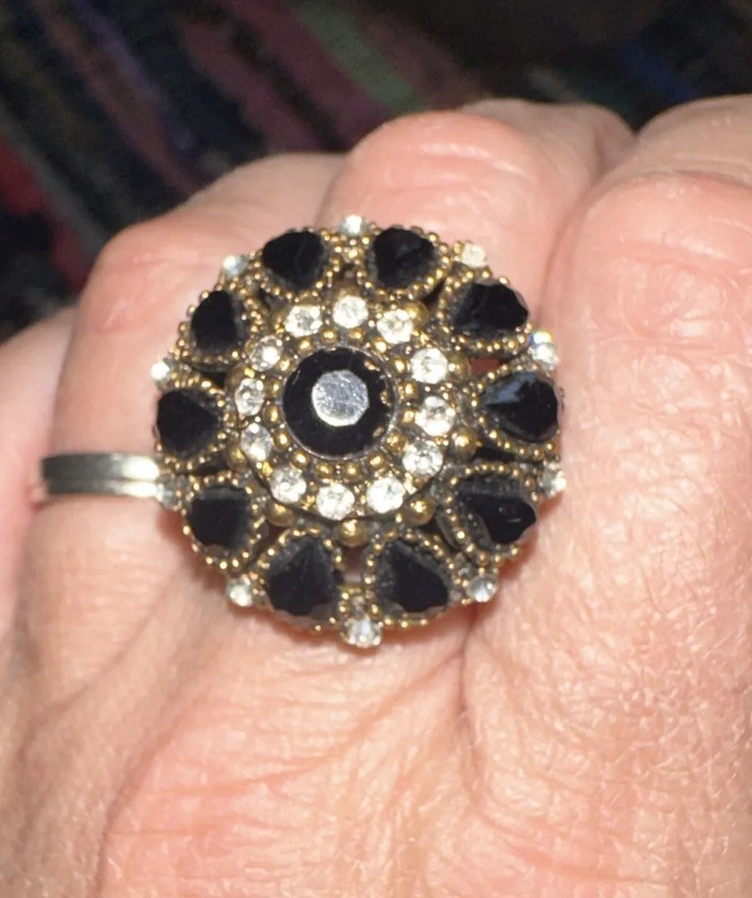 Vintage Statement Cocktail Ring Black With Cubic Zirconia Type Stones Size 7-7.5