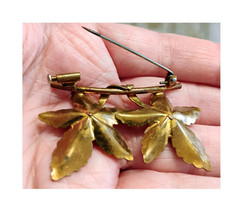 Vintage Edwardian Trombone Clasp Double Flower Brooch Pearl Center Gold Tone
