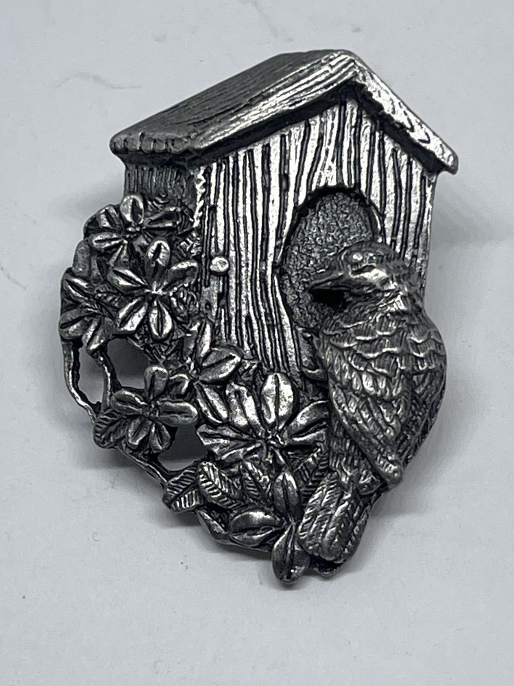 Vintage Birds & Blooms Bird House Brooch Pin in Pewter Limited Edition 1997