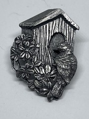 Vintage Birds & Blooms Bird House Brooch Pin in Pewter Limited Edition 1997