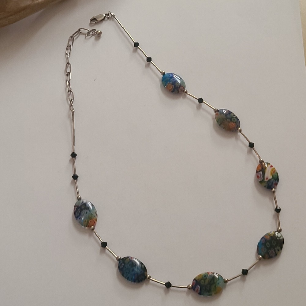 VINTAGE STERLING SILVER MILLEFIORI GLASS ARTISAN MADE NECKLACE ADJUSTS 17-20IN