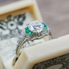 3Ct Art Deco Style Lab-Created Diamond & Emerald Wedding Ring 14K White Gold FN