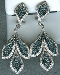LARGE 3.51CT WHITE & BLUE DIAMOND 18KT WHITE GOLD 3D MULTI LEAF HANGING EARRINGS
