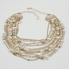 Elegant Multi Chain Bead Faux Pearl Gold Tone Layered Necklace Vintage 18 Inch